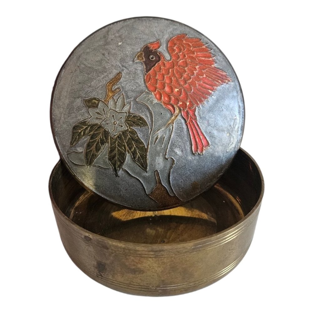 Horizon Enamel Bird and Gold Brass Round Trinket Box Made in India